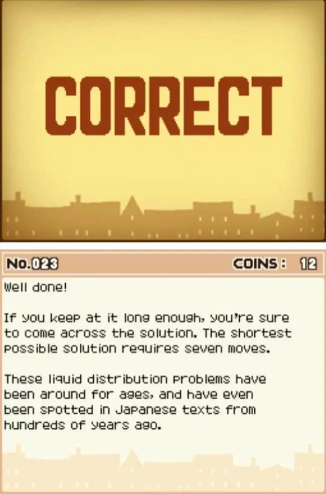 Professor Layton and the Curious Village puzzle 023 - Juice Pitchers Answer Screen