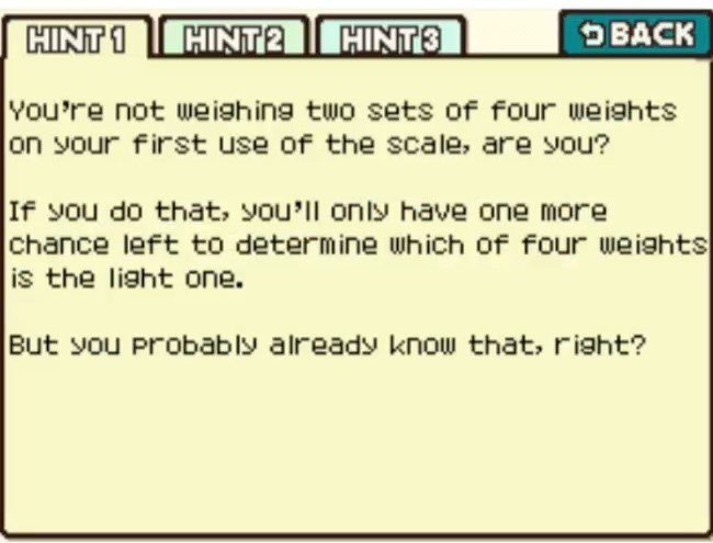 Professor Layton and the Curious Village puzzle 006 - Light Weight Hint 1