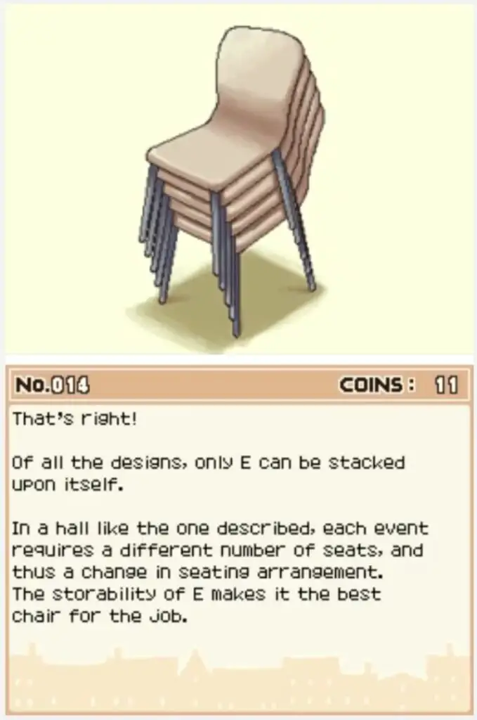 Professor Layton and the Curious Village puzzle 014 - Which Chair? Answer Screen