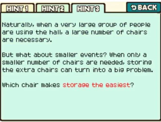 Professor Layton and the Curious Village puzzle 014 - Which Chair? Hint 3