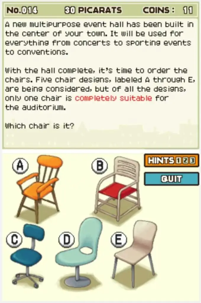 Professor Layton and the Curious Village puzzle 014 - Which Chair? Description