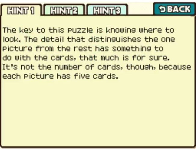 Professor Layton and the Curious Village puzzle 017 - Five-Card Shuffle Hint 1