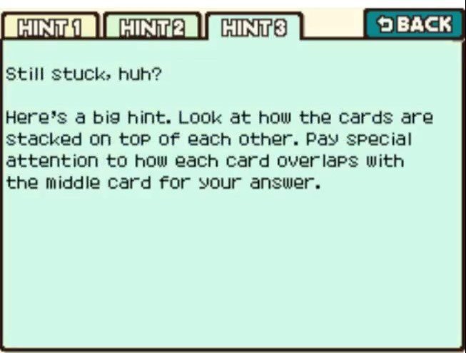 Professor Layton and the Curious Village puzzle 017 - Five-Card Shuffle Hint 3