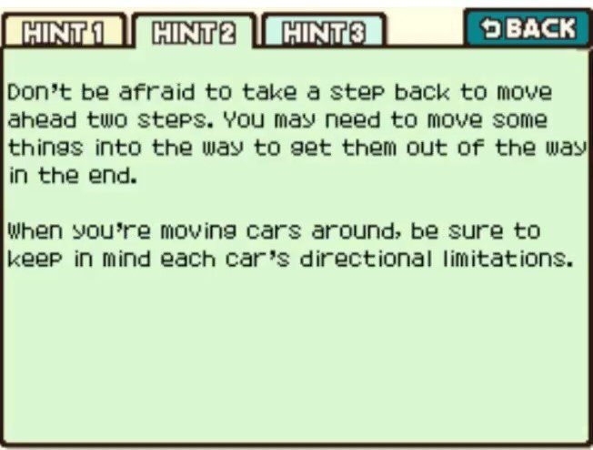 Professor Layton and the Curious Village puzzle 019 - Car Park Gridlock Hint 2