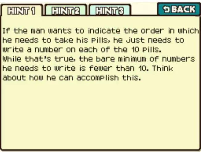 Professor Layton and the Curious Village puzzle 021 - Pill Prescription Hint 1