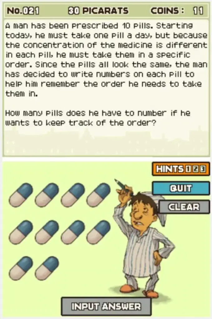 Professor Layton and the Curious Village puzzle 021 - Pill Prescription Description