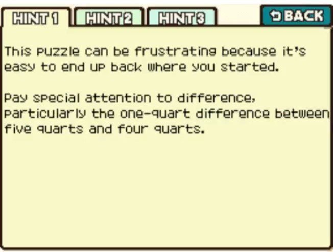 Professor Layton and the Curious Village puzzle 023 - Juice Pitchers Hint 1