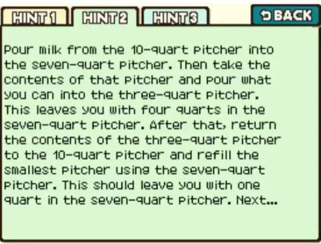 Professor Layton and the Curious Village puzzle 024 - Milk Pitchers Hint 2