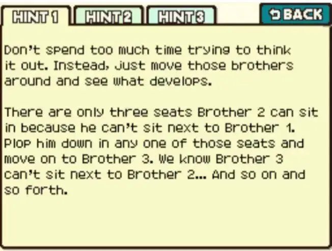 Professor Layton and the Curious Village puzzle 027 - Bickering Brothers Hint 1