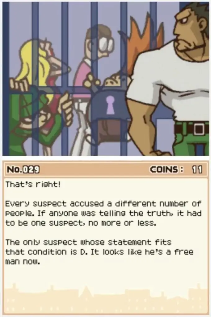 Professor Layton and the Curious Village puzzle 029 - Five Suspects Answer Screen