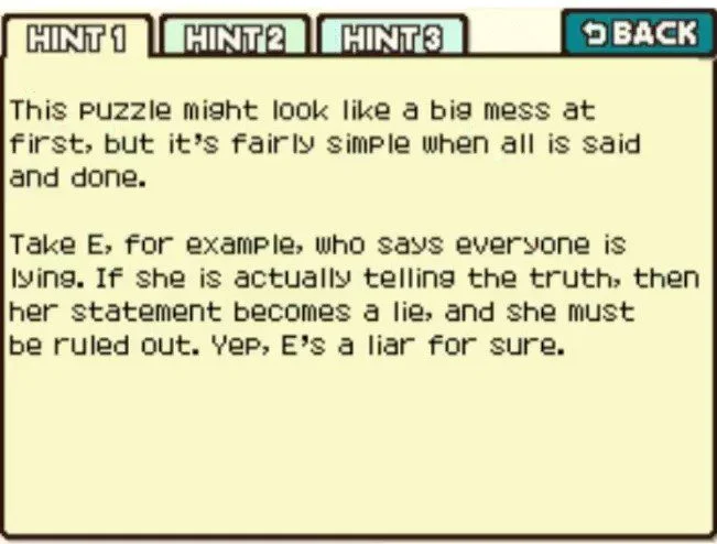 Professor Layton and the Curious Village puzzle 029 - Five Suspects Hint 1