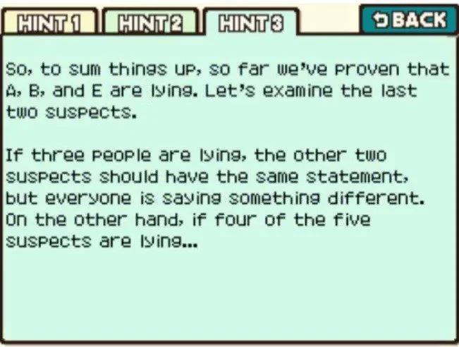 Professor Layton and the Curious Village puzzle 029 - Five Suspects Hint 3