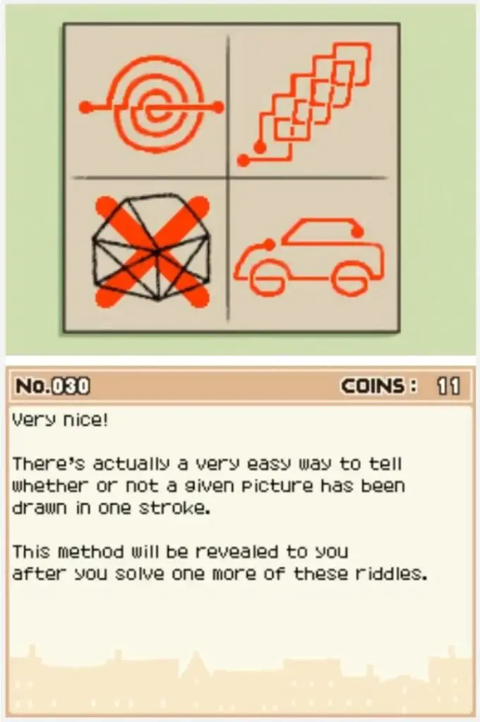 Professor Layton and the Curious Village puzzle 030 - One-Line Puzzle 1 Answer Screen