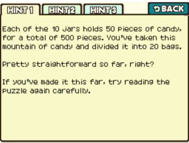 Professor Layton and the Curious Village puzzle 032 - Sweet Jars Hint 1