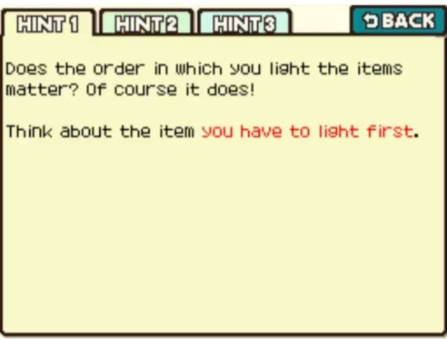 Professor Layton and the Curious Village puzzle 033 - Light Which One? Hint 1