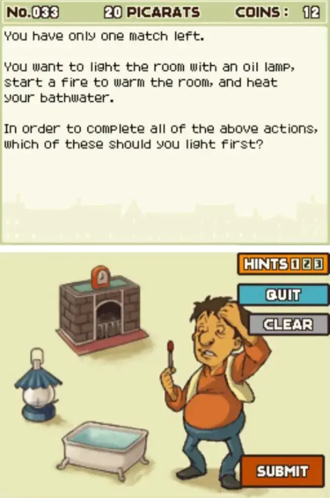 Professor Layton and the Curious Village puzzle 033 - Light Which One? Description