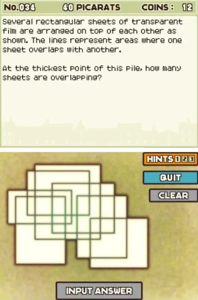 Professor Layton and the Curious Village puzzle 034 - How Many Sheets? Description