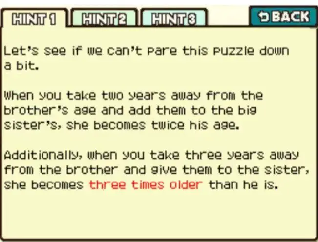 Professor Layton and the Curious Village puzzle 037 - Brother and Sister Hint 1
