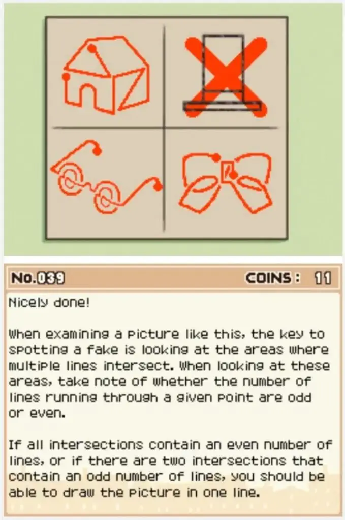 Professor Layton and the Curious Village puzzle 039 - One-line Puzzle 2 Answer Screen