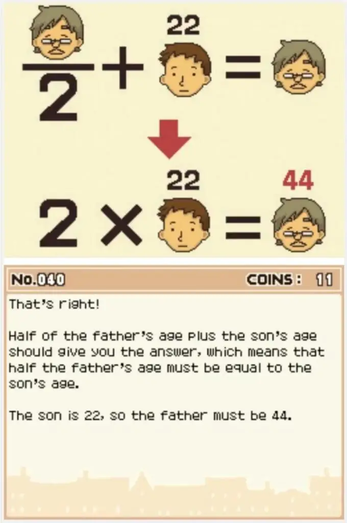 Professor Layton and the Curious Village puzzle 040 - How Old Is Dad? Answer Screen