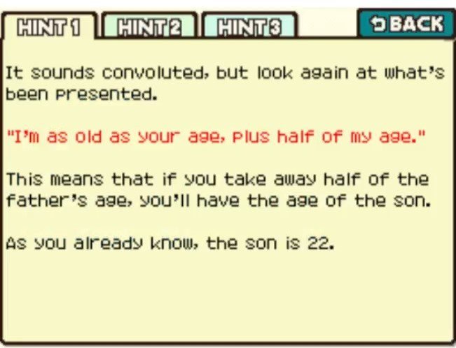 Professor Layton and the Curious Village puzzle 040 - How Old Is Dad? Hint 1