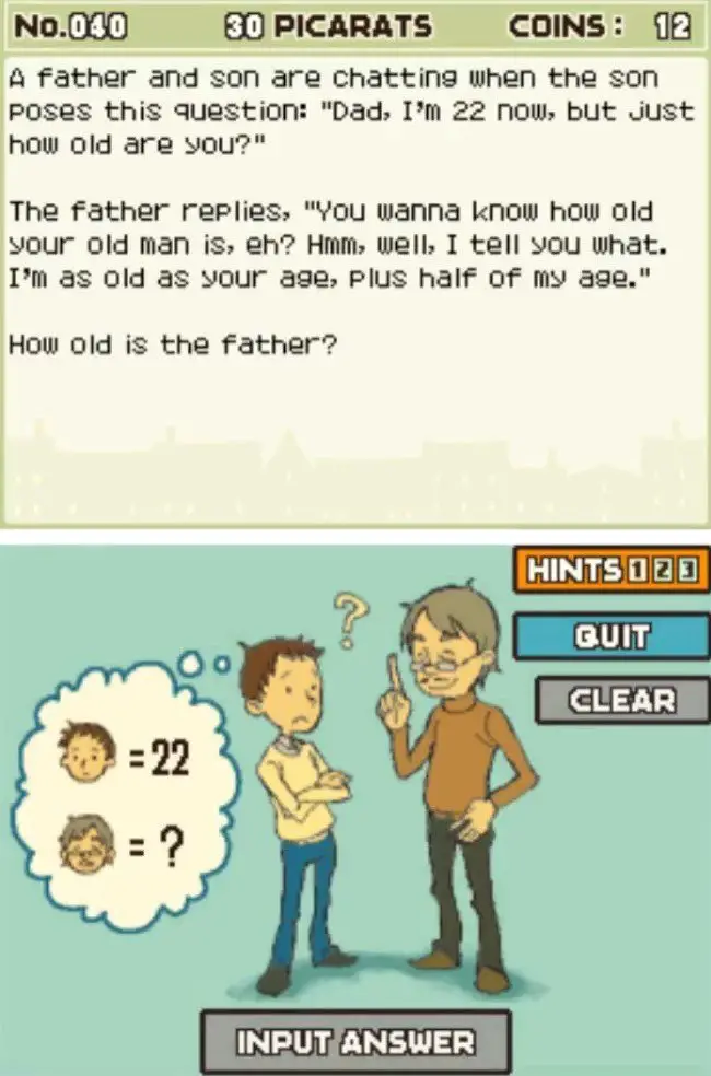 Professor Layton and the Curious Village puzzle 040 - How Old Is Dad? Description