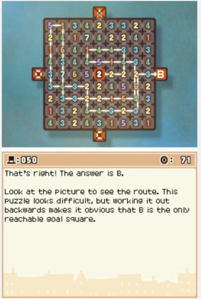 Professor Layton and the Curious Village: Puzzle 50 - Number Maze Answer Screen