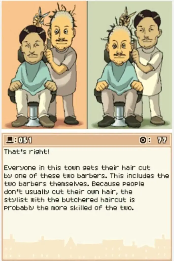 Professor Layton and the Curious Village Puzzle 051 - The Town Barbers Answer Screen