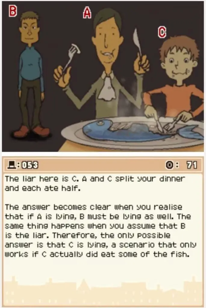 Professor Layton and the Curious Village Puzzle 053 - Fish Thief Answer Screen
