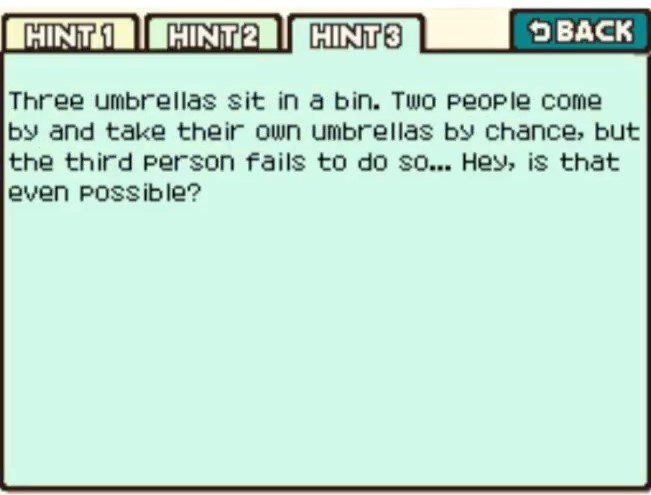 Professor Layton and the Curious Village: Puzzle 043 - Three Umbrellas Hint 3