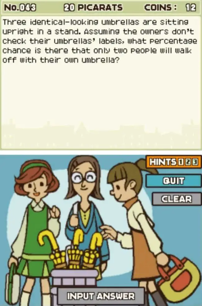 Professor Layton and the Curious Village: Puzzle 043 - Three Umbrellas Description