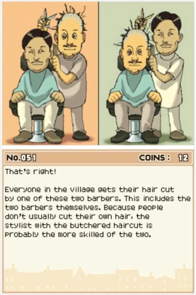 Professor Layton and the Curious Village Puzzle 051 - The Town Barbers Answer Screen