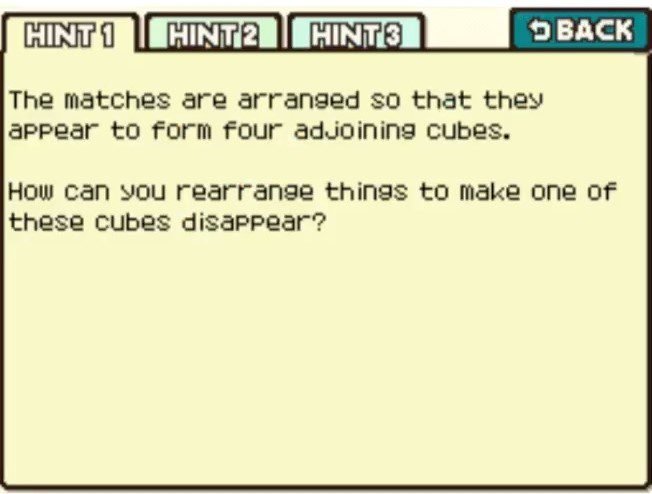 Professor Layton and the Curious Village puzzle 110 - The Vanishing Cube Hint 1