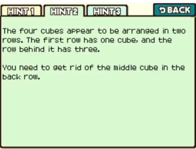 Professor Layton and the Curious Village puzzle 110 - The Vanishing Cube Hint 2