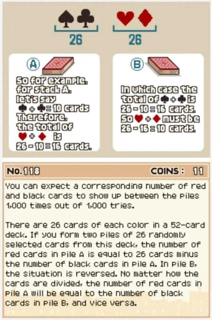 Professor Layton and the Curious Village puzzle 118 - Red and Black Cards Answer Screen