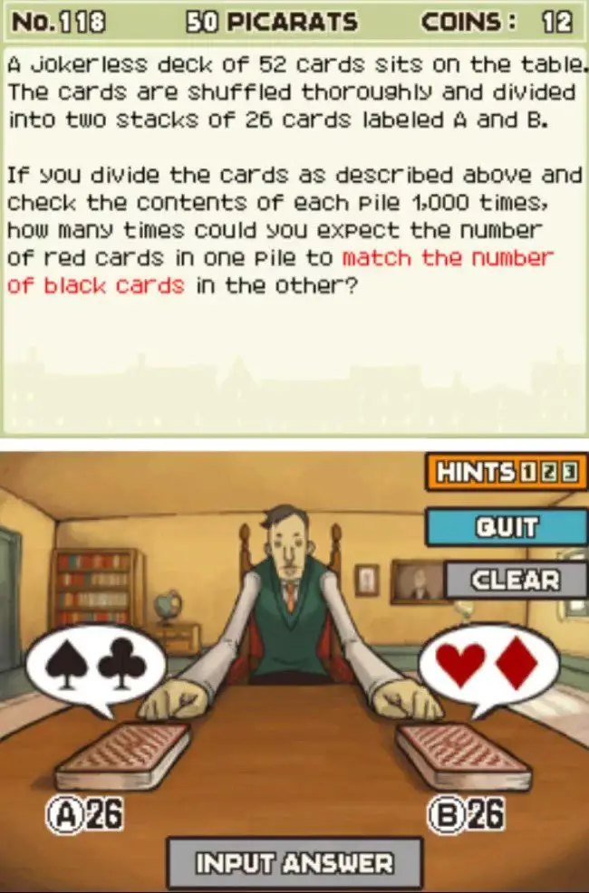 Professor Layton and the Curious Village puzzle 118 - Red and Black Cards Description