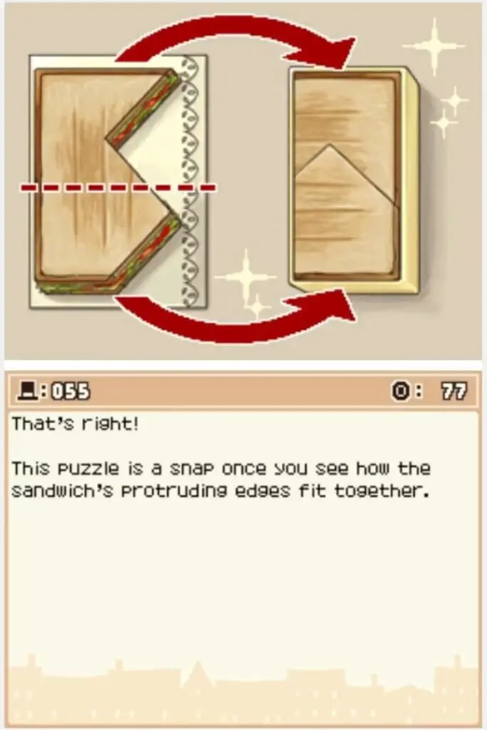 Answer screen for Professor Layton and the Curious Village Puzzle 055 - The Odd Sandwich