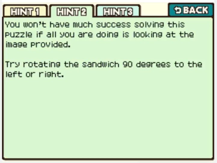 Professor Layton and the Curious Village Puzzle 055 - The Odd Sandwich Hint 2