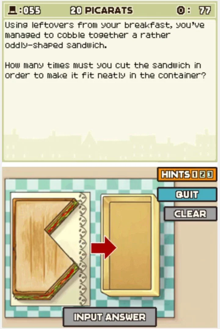 Puzzle overview for Professor Layton and the Curious Village Puzzle 055 - The Odd Sandwich