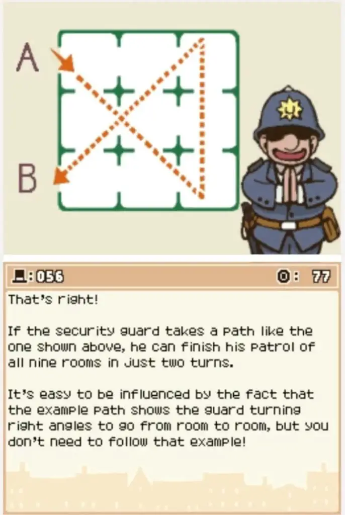 Answer screen for Professor Layton and the Curious Village Puzzle 056 - The Lazy Guard