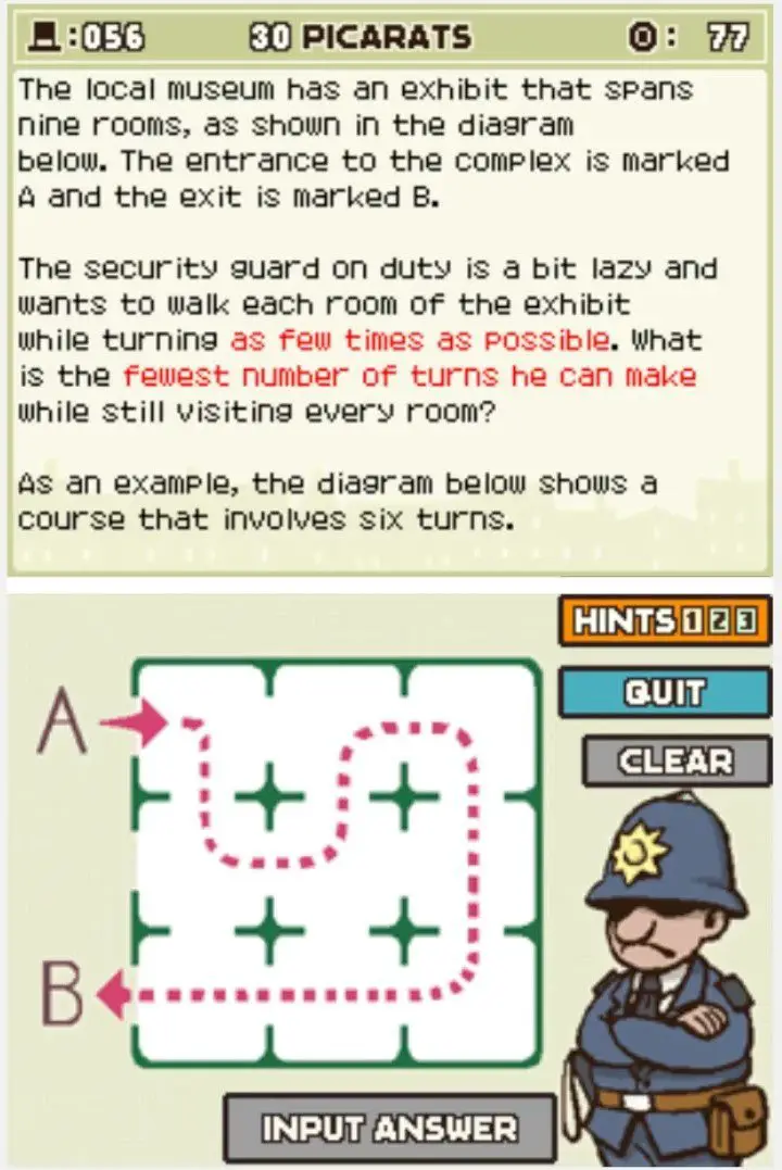 Puzzle overview for Professor Layton and the Curious Village Puzzle 056 - The Lazy Guard