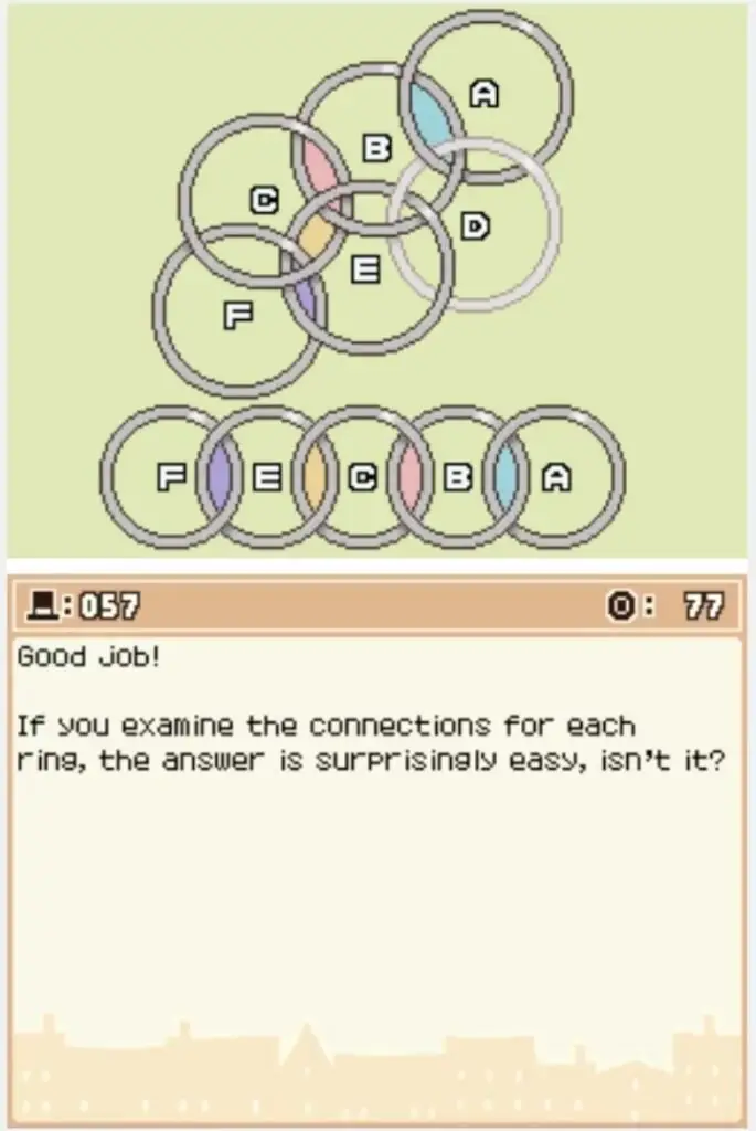 Answer screen for Professor Layton and the Curious Village Puzzle 057 - Cut Which One?