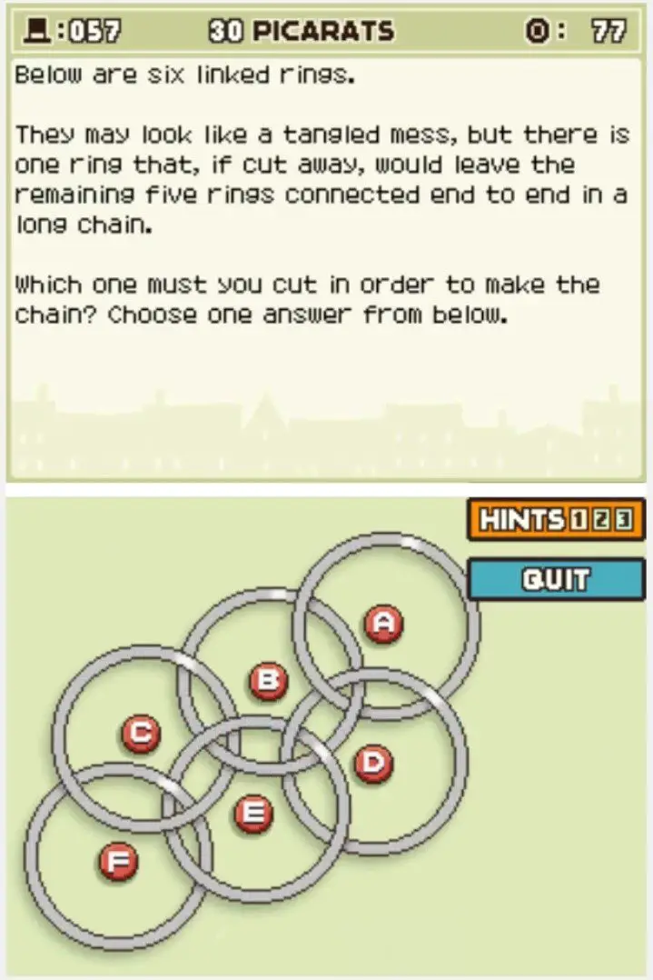 Puzzle overview for Professor Layton and the Curious Village Puzzle 057 - Cut Which One?