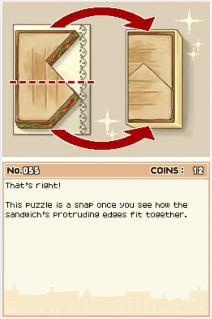 Answer screen for Professor Layton and the Curious Village Puzzle 055 - The Odd Sandwich