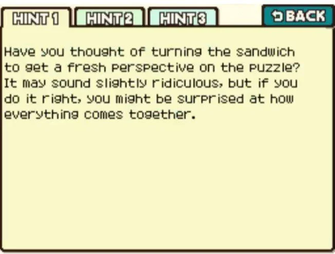 Professor Layton and the Curious Village Puzzle 055 - The Odd Sandwich Hint 1