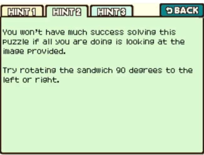 Professor Layton and the Curious Village Puzzle 055 - The Odd Sandwich Hint 2