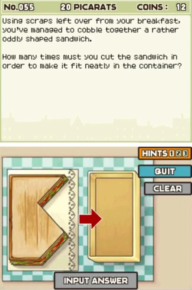 Puzzle overview for Professor Layton and the Curious Village Puzzle 055 - The Odd Sandwich