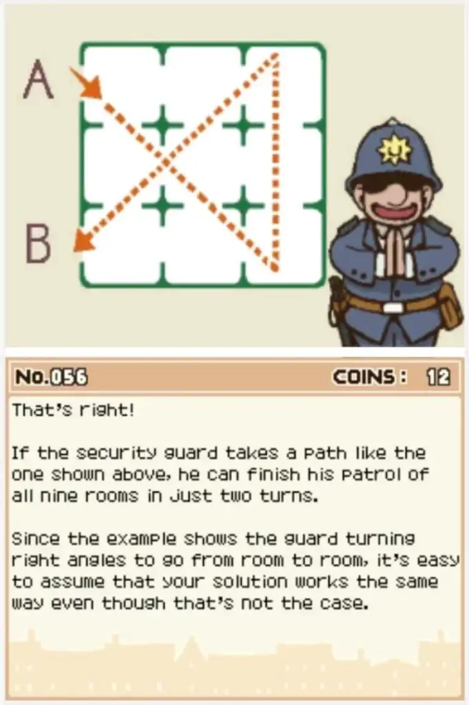 Answer screen for Professor Layton and the Curious Village Puzzle 056 - The Lazy Guard