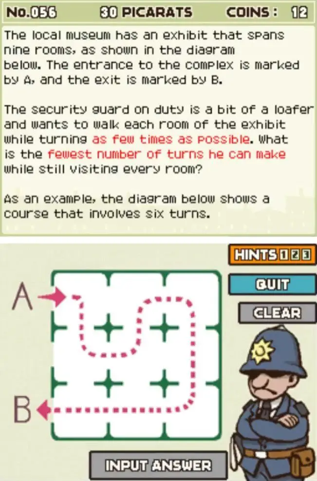 Puzzle overview for Professor Layton and the Curious Village Puzzle 056 - The Lazy Guard