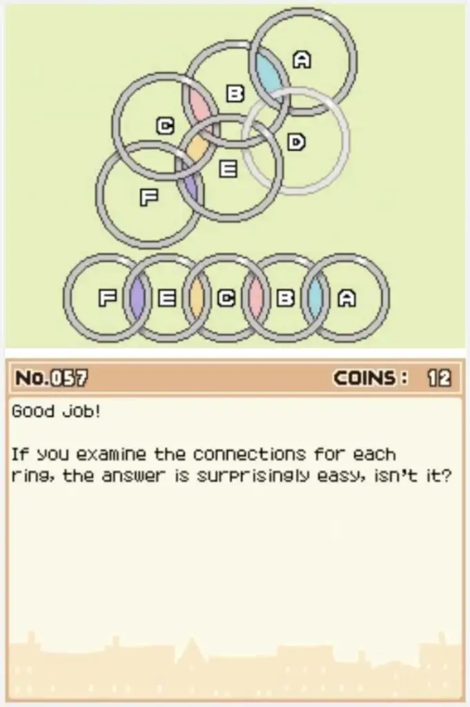 Answer screen for Professor Layton and the Curious Village Puzzle 057 - Cut Which One?